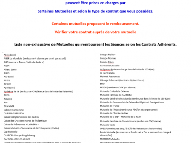 MUTUELLES certaines remboursement en partie des Séances d'Hypnose et PNL ou autres Séances Alternatives